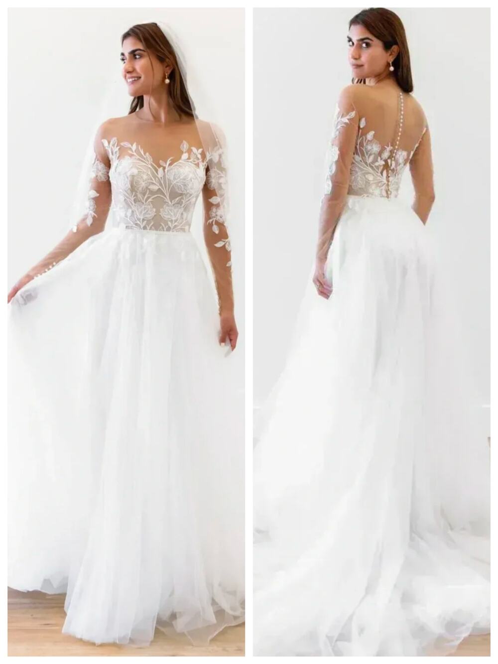 Wtoo Watters Esme Wedding Dress Size 10 Long Sleeve Tulle Floral Bridal Gown